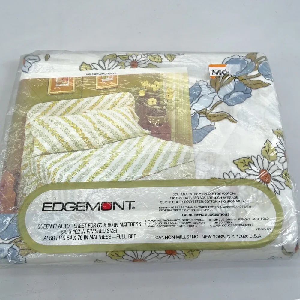 Vintage Edgemont No-Iron Muslin Queen Flat Sheet Garland Floral‎ USA Made New